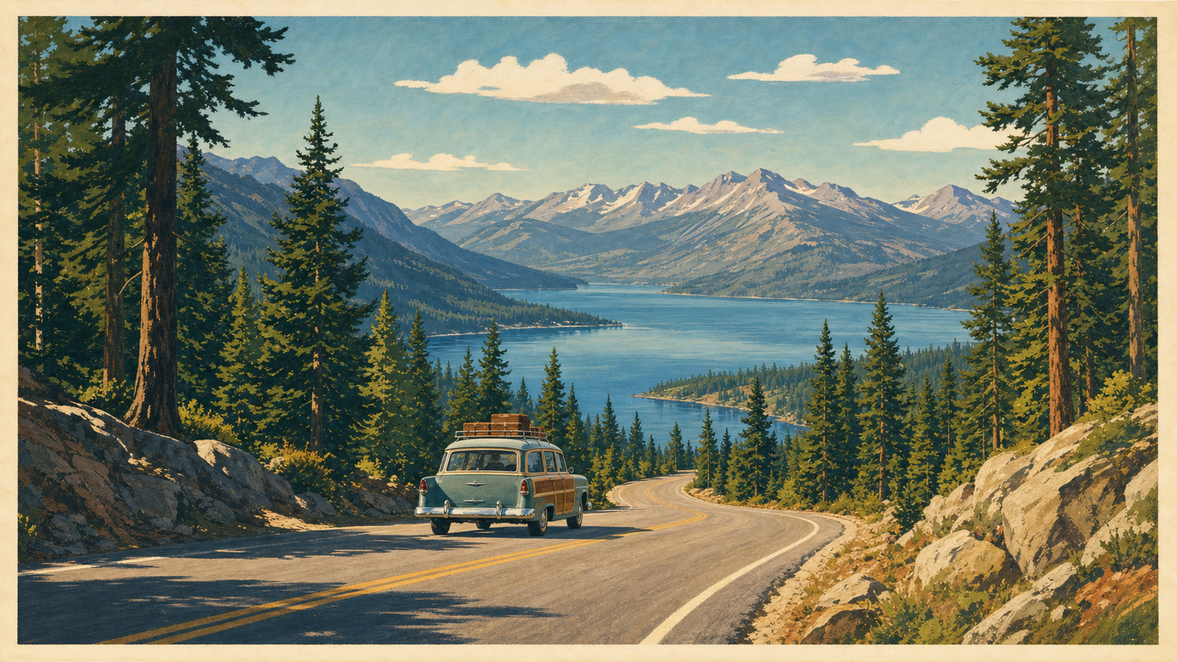 Illustrated vintage-poster scene of a winding forest road leading toward a blue lake and mountain ridges, with a single classic station wagon on the road.