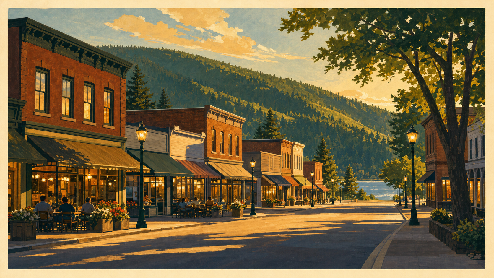 Illustrated vintage-poster scene of a small Idaho river-town main street at golden hour, with warm-lit storefronts, outdoor tables, and forested hills behind.