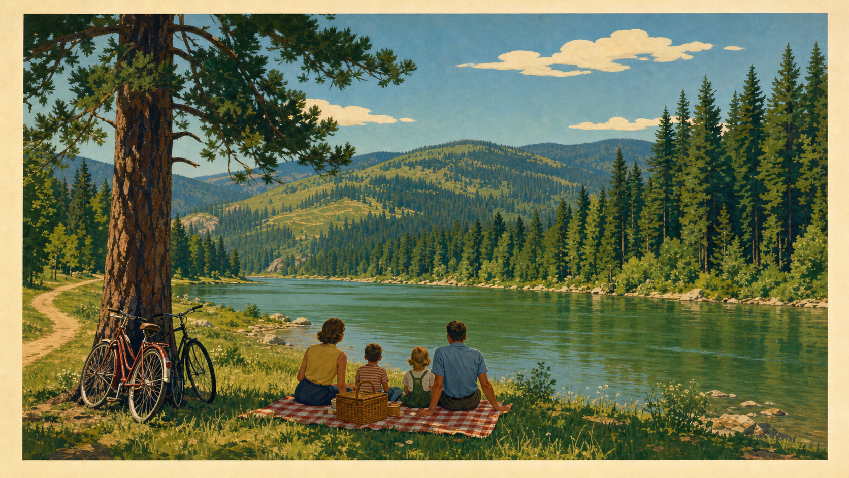 Illustrated vintage-poster scene of a family picnic on a grassy riverbank with bicycles, evergreen forest, and North Idaho hills behind.