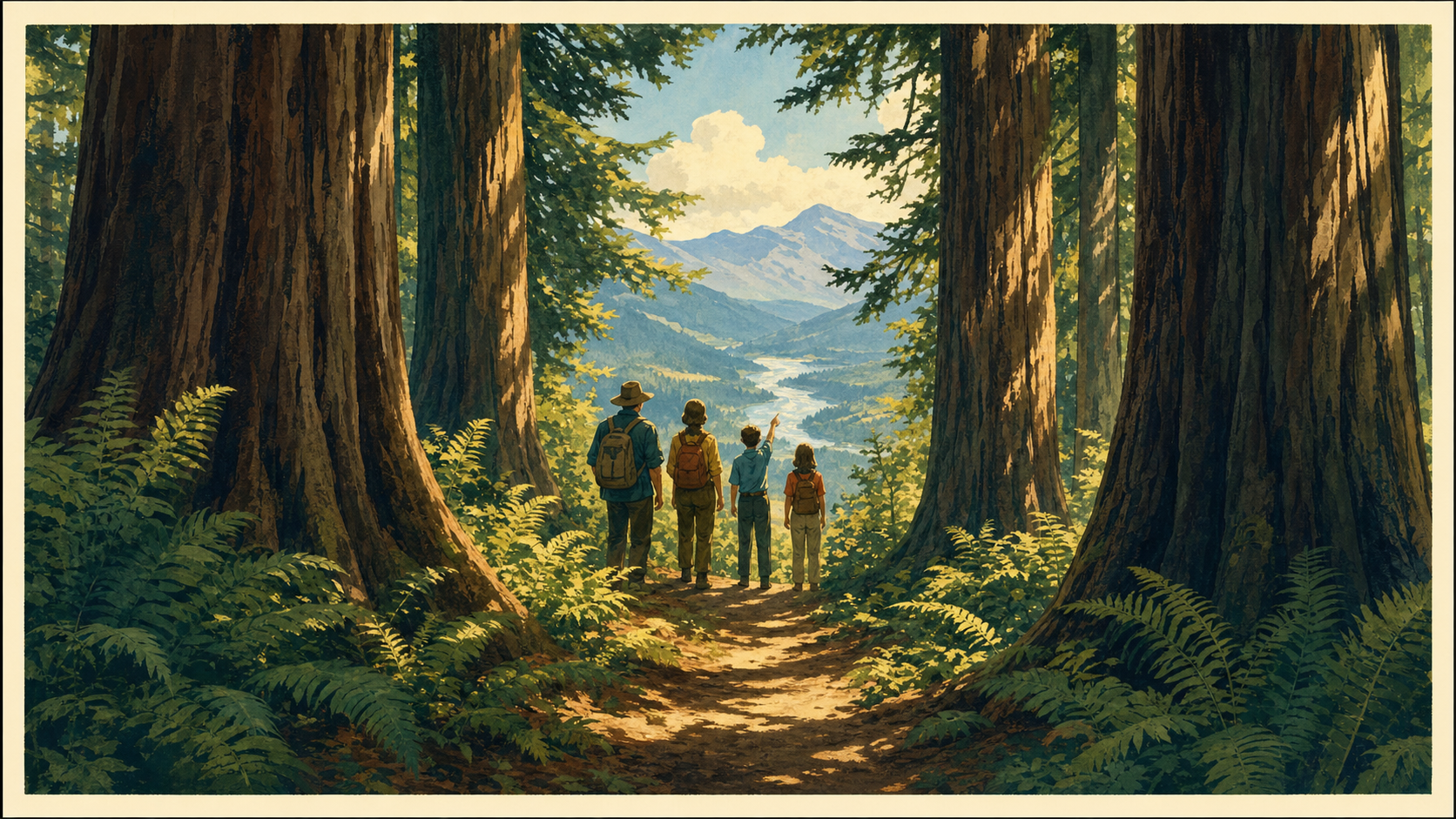 Illustrated vintage-poster scene of a family walking a fern-lined path among towering old-growth cedars, with a child pointing toward a distant river valley and mountains.