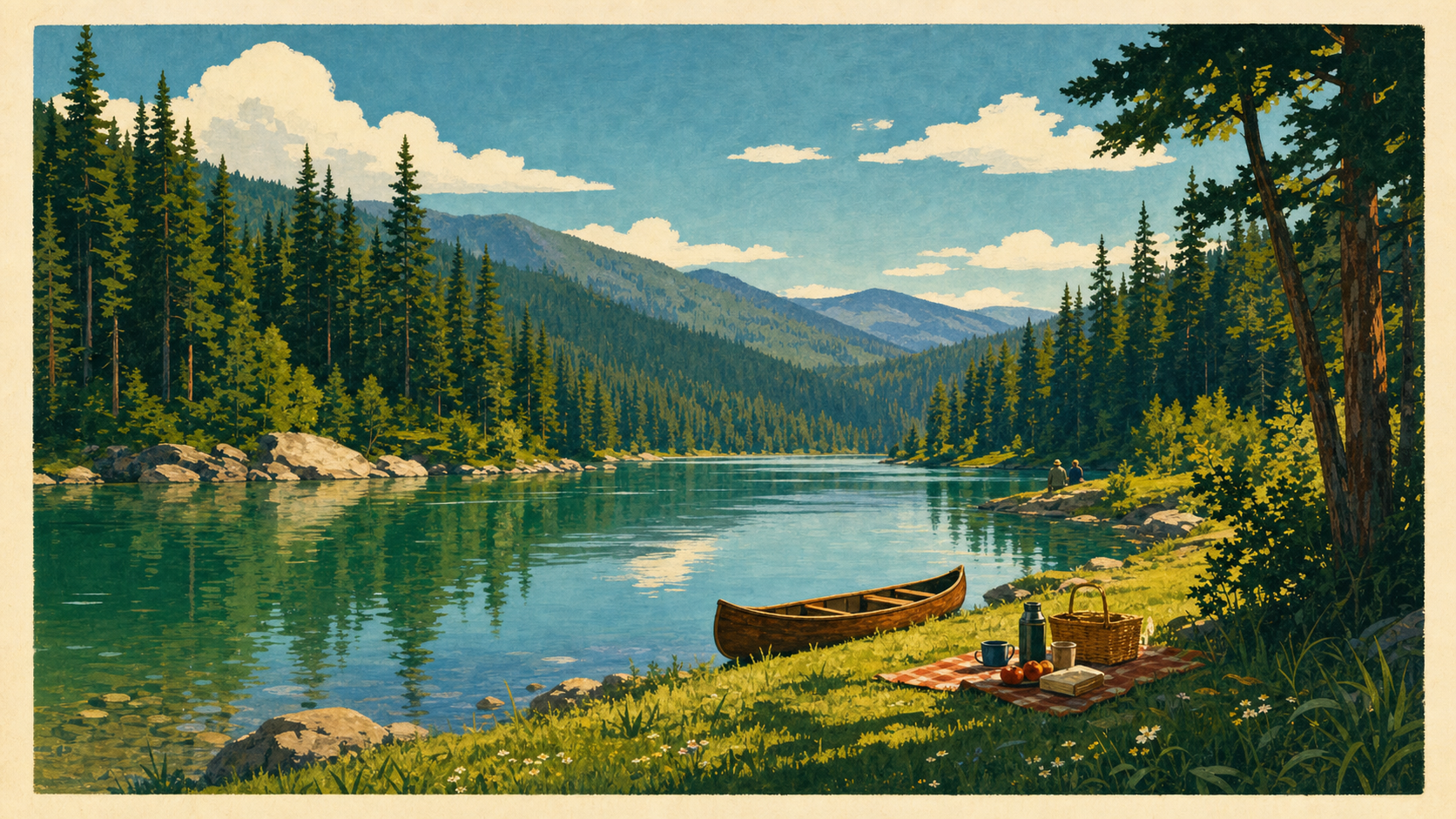 Illustrated vintage-poster scene of a wooden canoe pulled onto a grassy riverbank beside a picnic, with evergreen forest and blue hills along a calm green river.
