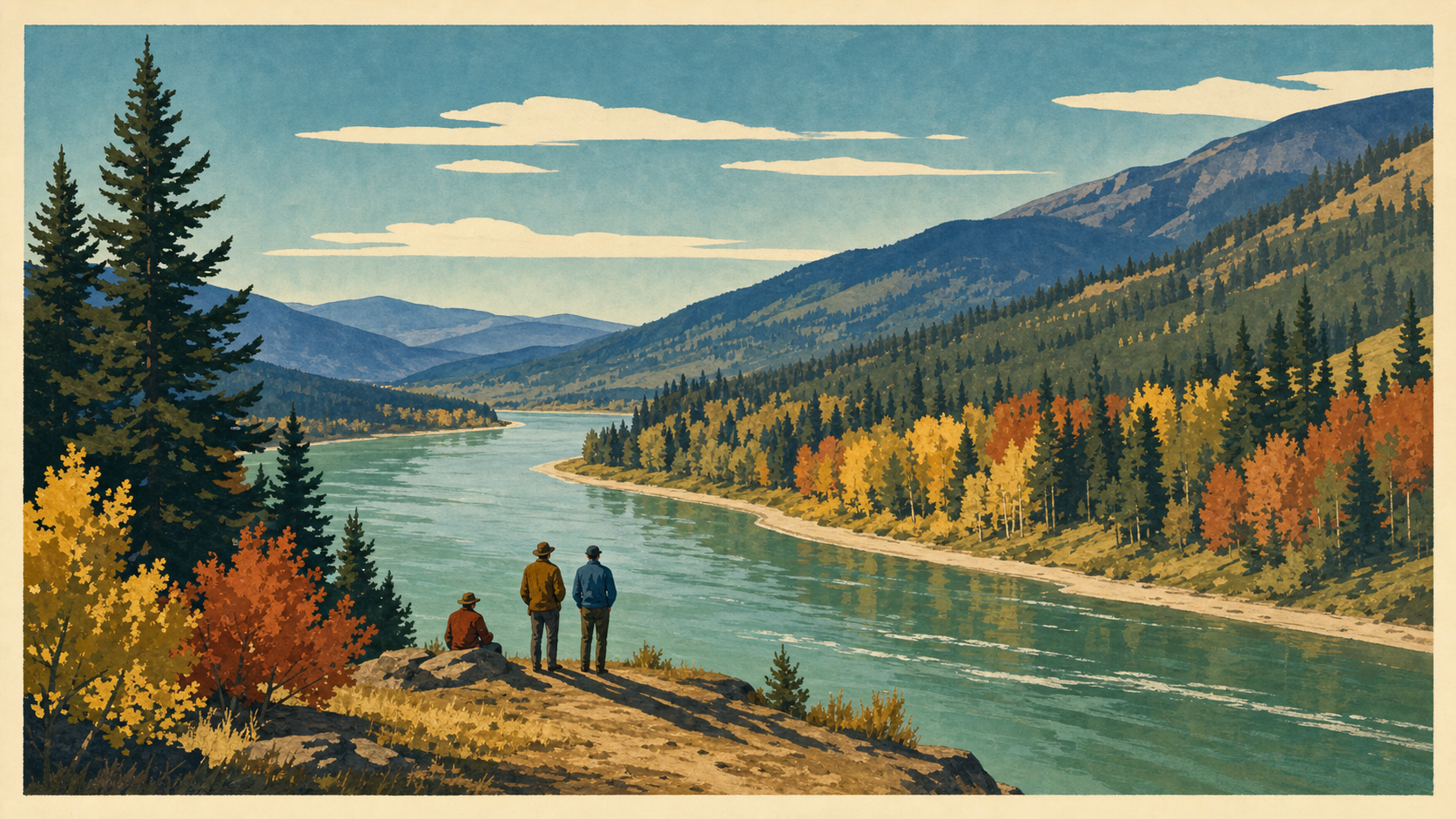 Illustrated vintage-poster scene of a North Idaho river valley in early autumn with evergreen and golden trees along the banks and layered blue hills behind.