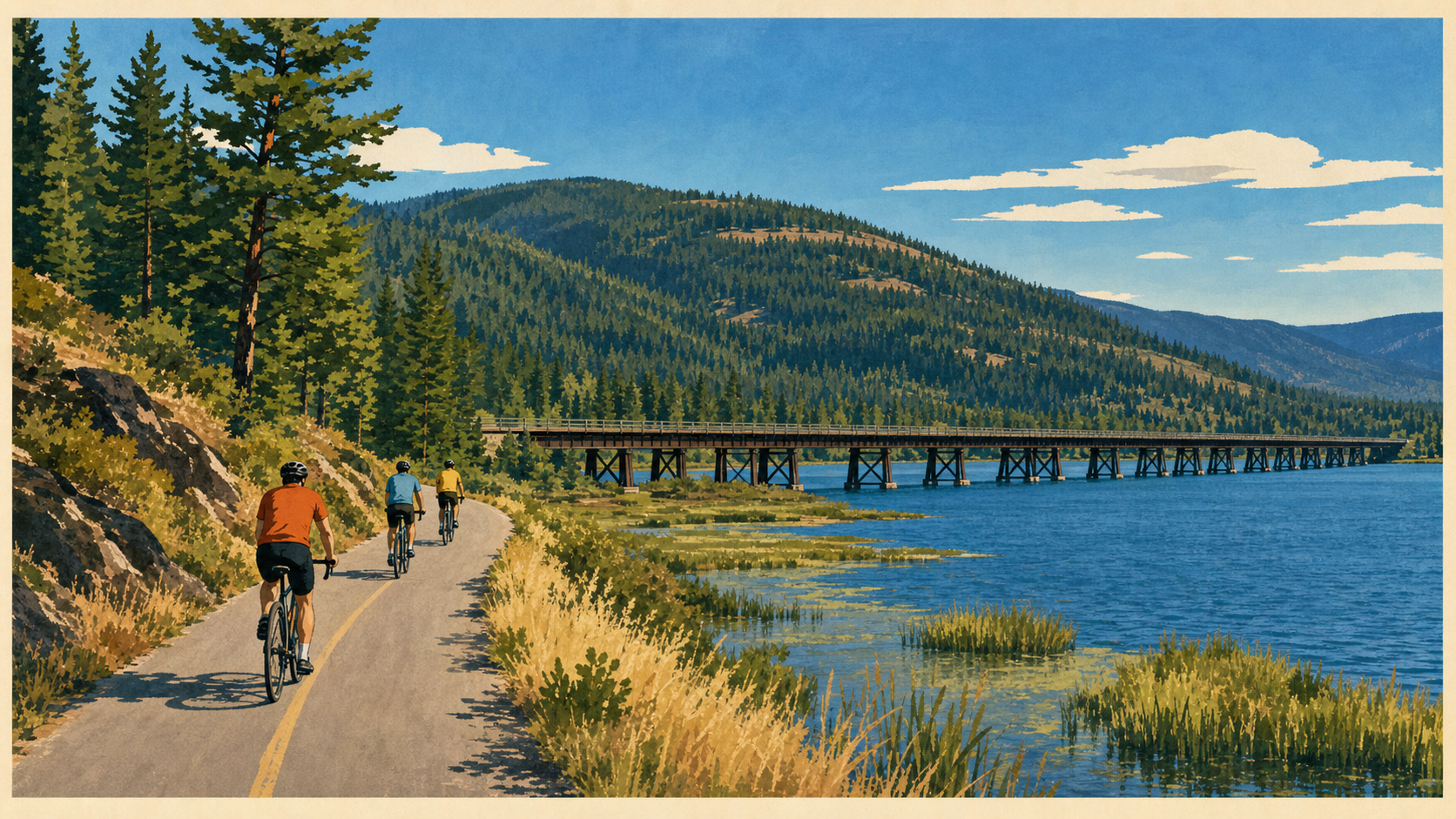 Illustrated vintage-poster scene of cyclists on a paved lakeside rail trail with a long low trestle bridge crossing the water and evergreen hills behind.