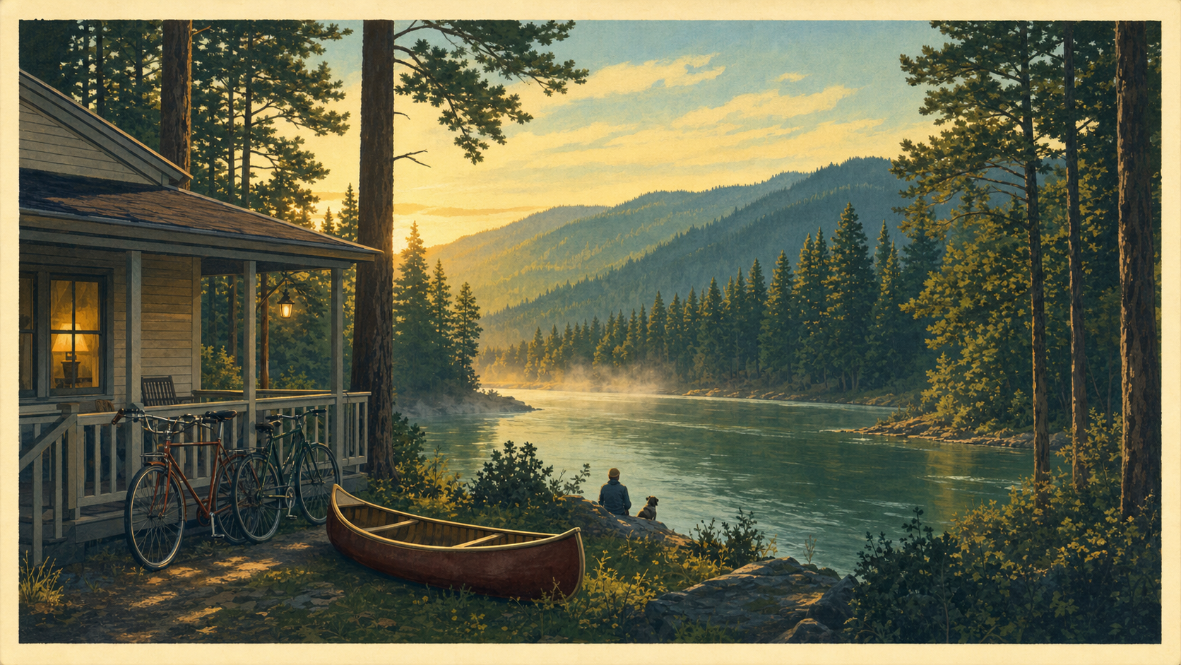 Illustrated vintage-poster scene of a pine-shaded house with a canoe and bicycles on the porch, overlooking a calm river and North Idaho hills at dawn.