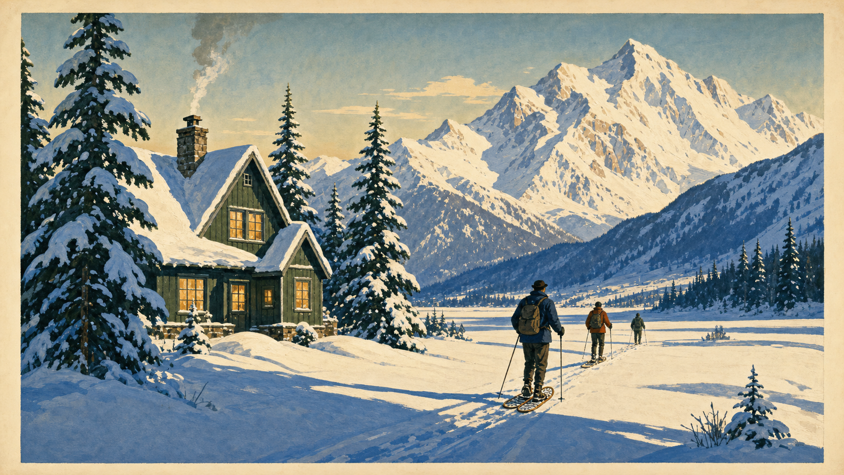 Illustrated vintage-poster winter scene of a snow-covered house with warm lit windows among evergreens, with snowshoers crossing a field and snowy mountains behind.