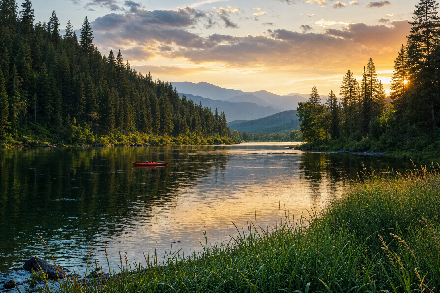 The St. Joe River winding through the valley near Saint Maries, Idaho